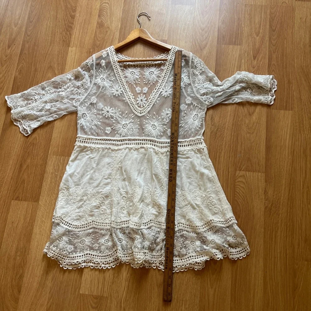 White Floral Lace Crochet Small Beach Cover Up Sheer Boho Mini Dress Festival